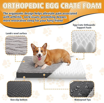 Orthopedic Dog Beds for Medium Dogs – Waterproof Plush Pet Mattress with Removable Washable Cover, Non-Slip Bottom, Memory Foam Dog Bed for Crate, 30x20 Inch, Grey