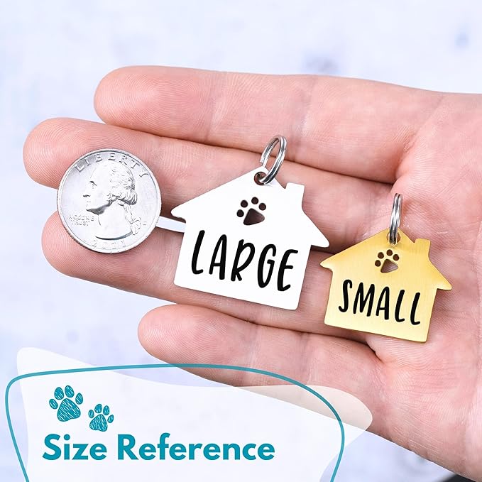 Ultra Joys Dog Tags Personalized for Pets - Hollow Paw Custom Pet ID Tag - Engraved Dog Tag for Small, Large Dogs - Large House in Silver