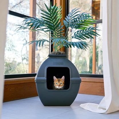 Good Pet Stuff Hidden Litter Box Planter, Decorative Cat Litter Enclosure with Carbon Filter, Artificial Plant, Easy Clean, Indoor Design, Courtyard Square Style, Base Kit, Black Suede