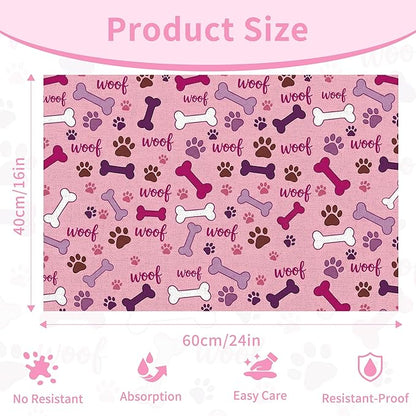 Dog Feeding Mat 24 x 16 Inch, Pink Paw Bone Woof Dog Placemat Absorbent Quick-Dry for Food and Water, Waterproof Non Slip Rubber Pet Bowl Pad Mat for Floors