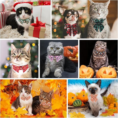 Thanksgiving Cat Collar Breakaway, Halloween Kitten Collar with Bells for Boy Girl Cat, 2 Pack Adjustable Cute Cat Collar with Bow & Pumpkin for Male Female Cat, Orange Bowtie Shirt Collar