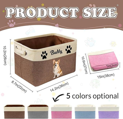 Personalized Dog Cat Toy Storage Basket with Photo & Name, Custom Collapsible Pet Organizer Bin with Handles for Toys, Clothes, Blankets & Pet Supplies