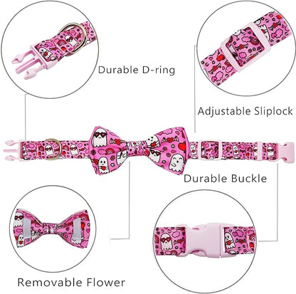 Valentine’s Day Dog Collar Adjustable Puppy Collar with Pink Heart and Flowers Pattern, Cute Pet Accessories for Small Medium Large Dogs