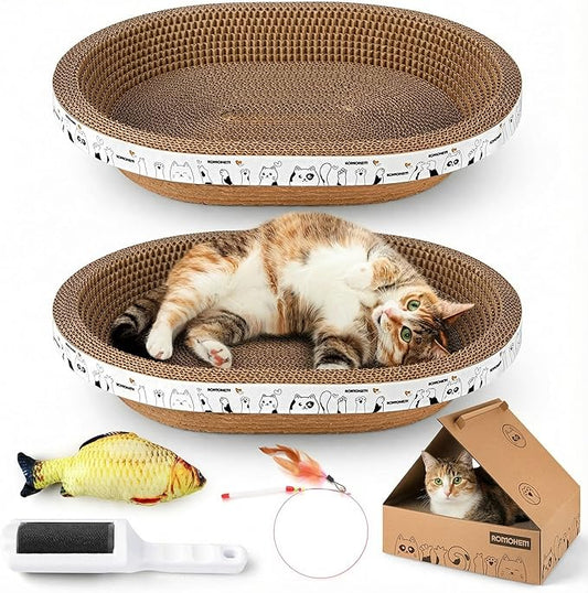4-Piece Cardboard Cat Scratcher Bed Set with House, 2 Nest-Like Oval Cat Lounger Bowls (17"), Durable Corrugated Scratch Pads with Bonus Toys, All-in-One Cat Scratch Box for Indoor Cats Grinding Claws