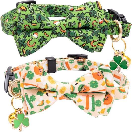 Faygarsle 2 Pack St Patrick's Day Cat Collar Cute Trefoil Gold Coin Printed Collar with Bow tie Breakaway Green Yellow Cat Collar for Boy Girl Cats