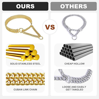 Gold Dog Chain Collar Stainless Steel 18K Gold Dog Collar Adjustable Walking, Metal Cuban Link Dog Collar Chew Proof Double Row Chain Dog Collar for Large Small Medium Dogs