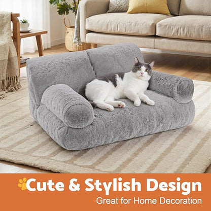 Gimars Upgrade Large Cat Bed for Indoor Cats -Added 10% More Stuff Sponge, Orthopedic Pet Couch Beds with Bolstered Edges, Fluffy Washable & Removable Cover, Anti Slip Base, Grey