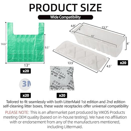 20-Pack Disposable Litter Box Waste Receptacles Compatible with Littermaid Waste Receptacles Fits 1St/2nd Edition Automatic Cat Litter Box, Come with 20pcs Liners & 20pcs Carbon Filters