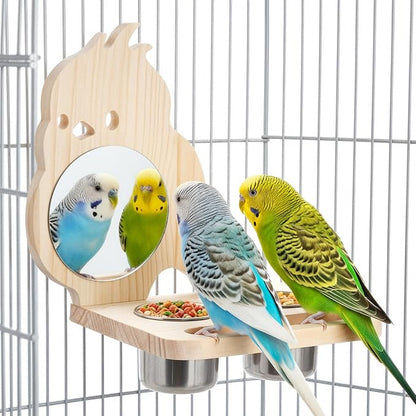 Feeder with Acrylic Mirror & Stainless Steel Bowls, Natural Wood Perch, Cage Accessories, Parakeet Cage Supplies, Tool-Free Adjustable Kit for Parakeet, Cockatiel & Lovebird