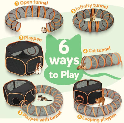 Cat Outdoor Enclosures Tunnel Playpen - Portable Playpen Indoor Collapsible Cats Enclosure with Shade Cover 2 Tunnels for Large Small Pets Animal Outside Catio Happy Travel Camping Back Yard