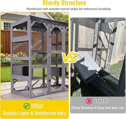 Aivituvin Cat House Outdoor Catio Kitty Enclosure with Super Large Enter Door,Wooden Cat Cage Condo Indoor Playpen with Platforms,Small House,70 Inch