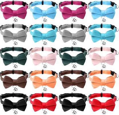 20 Pcs Cat Bowtie Collars with Bell, Solid Colors Kitten Bow Breakaway Cat Bowtie for Boys Girls, Adjustable Pet Collar with Safety Buckle Kitten Puppy Pet Accessories