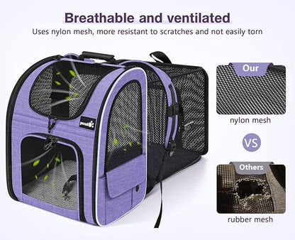 Pecute Cat Backpack Carrier Expandable, Pet Backpack for Cats & Small Dogs Up to 11lbs, with 4-Side Breathable Mesh, Multi-Entry & Lockable Zippers for Travel, Hiking, Camping - Hands Free, Purple