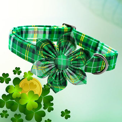 Lionheart glory St. Patrick's Day Dog Collar with Flower Dog Collar for Small Dogs, Green Plaid Cute Collars Spring Dogs Collars Flower Puppy Heavy Duty Cute