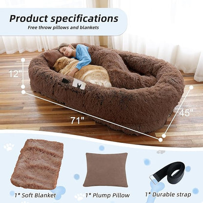 Human Dog Bed, 71''x45''x12'' Size Fits You and Pets, Washable Faux Fur Pet Bed for People Doze Off, Napping Orthopedic Dog Bed, Present Plump Pillow, Blanket, Strap - Coffee