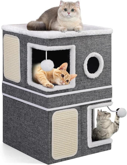 Shikha 2-Storey Cat Houses for Indoor Cats, Dual-Purpose Double Large Cat Beds Cave with Hideaway Condos, Scratch Pads, Fluffy Balls, Foldable Indoor Cat Cube House for Multi Small Pets Kitten, Grey