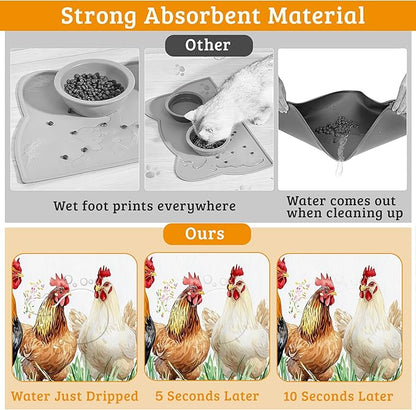 Chicken Rooster Dog Cat Food Mat,Green Grass Absorbent Waterproof Placemat for Food and Water Non Slip Rubber Backing Durable Feeding Pad for Clean Floors 12" x 20"