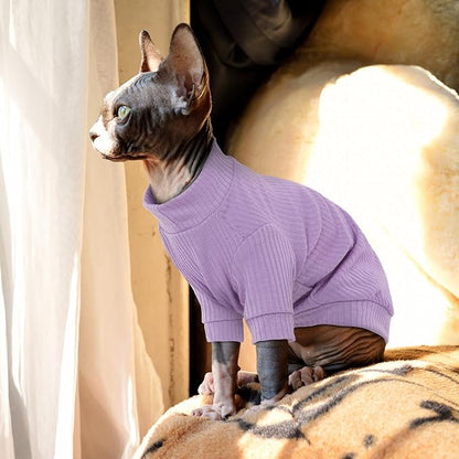PUMYPOREITY Stretchy Cat Shirt, Sweater With Sleeves, Soft Clothes for Sphynx Hairless Cats, Devon Rex - Purple, S