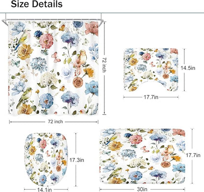 4 PCS Blue Floral Birds Bathroom Set with Shower Curtain and Rugs 72Wx72H Inch Classical Watercolor Non-Slip Bath Rug Toilet Lid Cover and U Shape Mat Accessories 12 Hooks Bathoom Decor