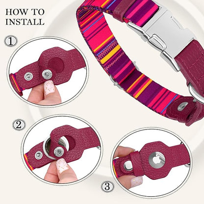 AirTag Dog Collar for Small Medium Large Breed - Adjustable Cute Pattern Dog Collar with Airtag Holder - Soft Leather Tracker GPS Apple Air Tag Pet Collars (Medium, 14"-18" Neck Fit, Striped)