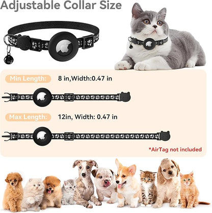 Vanjua 2 Pack Airtag Cat Collar Breakaway with Bell, Reflective Kitten Collar with Air Tag Cat Collar Holder Case for Girl Boy Cats, Pet Supplies Accessories (Black A+Black B)