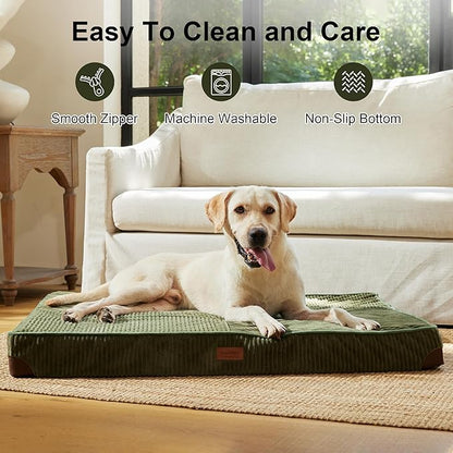 FUKUMARU Dog Bed, Thickened Corduroy Orthopedic Dog Beds with Washable Cover, Large Waterproof Dogs Bed for Crate, 28D Egg Crate Foam Support Pet Mat, Cozy Pet Bed Pad with Anti-Slip Bottom, Green
