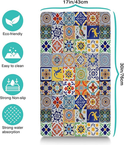 Moroccan Trellis Dog Food & Water Mat, Mexican Talavera Boho Colorful Pet Feeding Mat for Floor Non-Slip Waterproof, Super Absorbent Cat Bowl Mat, Easy to Clean Durable Pet Placemat,17" × 30"