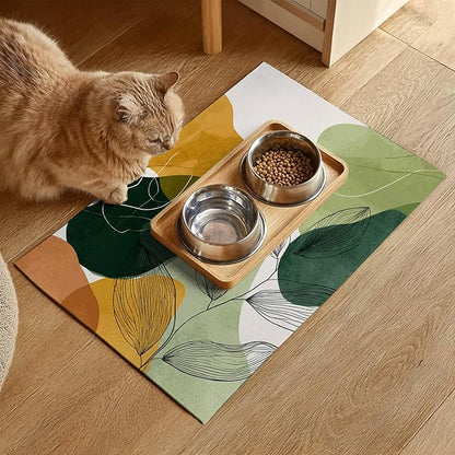 Modern Abstract Leaf Design Pet Feeding Mat 20" x 12" Pet Food Mat Non Slip Mat for Dog Food and Water Bowls Easy Clean Dog Bowl Mats Pets Placemat for Kitchen Pets Feeding Area Decor