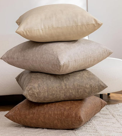 Pack of 4 Neutral Decorative Faux Leather Throw Pillow Covers 20x20 inch, Soft Modern Boho Luxury Waterproof Floor Cushion Cases, for Outdoor Lounge Sofa Couch Bed Home Decor