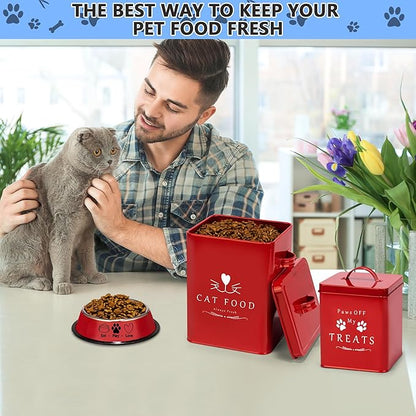 Meraki Home Farmhouse Cat Food and Treats Containers + Feed Scoop + Pet Food Bowl - Tight Lids - Large Metal Storage Bin - Great Gift for Cute Pets (Glossy Red)