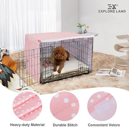 Explore Land Pattern Dog Crate Cover for 24 Inches Wire Cage, Heavy-Duty Polyester 1 2 3 Doors Standard Metal Pet Kennel Enclosure (Princess Pink)