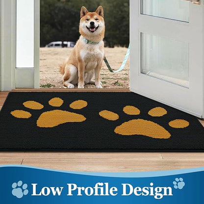 Buganda Dog Door Mat for Muddy Paws, Absorbent Dirt Trapper Washable Indoor Doormats, Non Slip Low-Profile Mud Mat for Dogs, Front Entrance Doormat for Inside Floor (30x20 Inches, Black and Yellow)