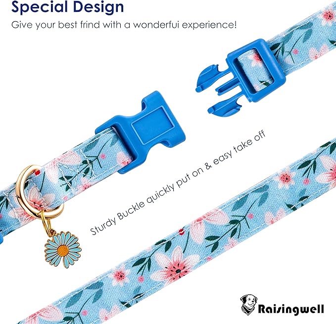Cotton Dog Collar Blue Flower Pattern for Boys and Girls Cute Dog Collars Summer Fall Gift Adjustable for Medium to X-Large Breed Dogs (L)