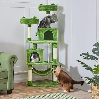 Topeakmart 62.2 inches Cat Tree with Double Condos, Cat Tower with Scratching Posts & Hammock & Foam-Padded Perches, Kitty Activity Tree Center Kitten Play House, Green