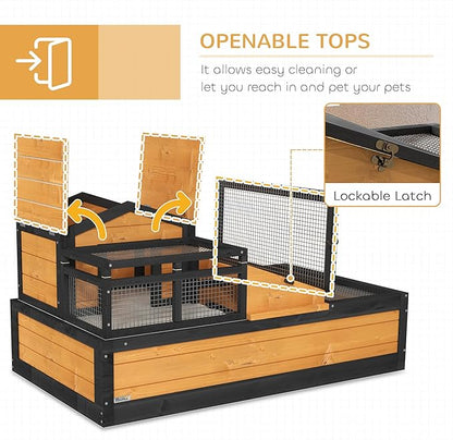 PawHut 3- Room Tortoise House Habitat with Balcony & 2 Stories, Indoor/Outdoor Wooden Tortoise Enclosure with Ladder, Tray, Openable Roof, Large Reptile Cage, 44" x 25.5" x 23", Yellow