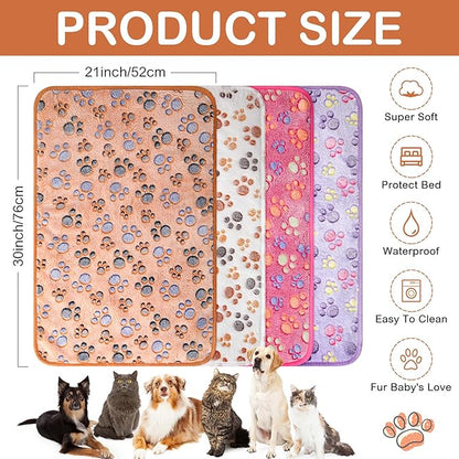 Hestya 4pcs Waterproof Dog Puppy Pads Soft Cat Blanket Dog Sleeping Mat Absorbent Pet Blanket Paw Pattern Warm Pads Fleece Puppy Potty Training Pads Reusable Food Bowl (30 x 21 inch)