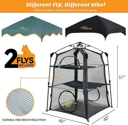 Instant 3-Tier Cat Catio Tent with 2 Interchangeable Covers (Scalloped Green + Black),X-Large Cat Enclosure for Indoor and Outdoor,3 Tier Cat Cage,Two Doors Design can Assemble More Shapes (Patented)