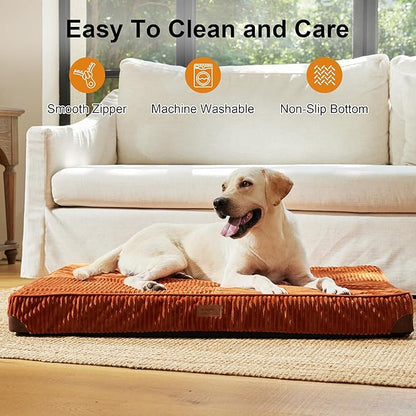FFUKUMARU Dog Bed, Thickened Corduroy Orthopedic Dog Beds with Washable Cover, XL Waterproof Dogs Bed for Crate, 28D Egg Crate Foam Support Pet Mat, Cozy Pet Bed Pad with Anti-Slip Bottom, Orange