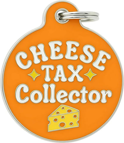 Bad Tags Personalized Dog and Cat ID Tags in 25+ Designs and 2 Sizes - 5 Lines of Custom Engraved Text - Funny Cute Personalized Pet Tags (Cheese Tax Collector, Small (1 inch))