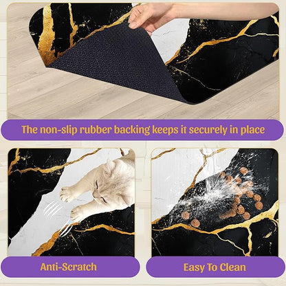 Black Gold Marble Dog and Cat Food Mat, Absorbent Feeding Placemat, Waterproof Non-Skid Rubber Backing, No Stains Pet Supplies – 12x20 Inch