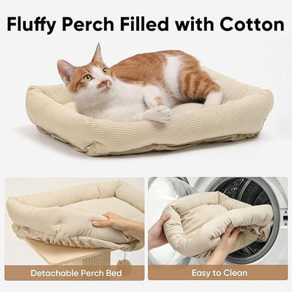 FUKUMARU Cat Scratching Post, Modern Style Tall Scratch Posts with Perch for Infoor Cats Adults, Large Cat Scratcher Tower with Bed, Small Tree with Raised Stand, Natural Sisal & Solid Wood