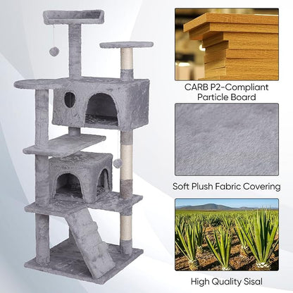 Multi-Level Cat Tree Tower with Condos, 54" Tall Cat Activity Center with Plush Perches and Toys, Space Saving Pet Playhouse for Kittens and Cats (Light Grey)
