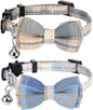 2 Pcs Cat Collar Breakaway with Bell and Bowtie - Adjustable Cat Bow Tie - Plaid Kitten Collar for Small Pets