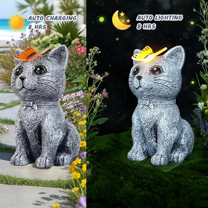 Solar Cat Garden Statues Outdoor Decor with Butterfly for Waterproof Yard Lawn Patio Balcony Porch Home Decor, for Mom Grandma Women Housewarming