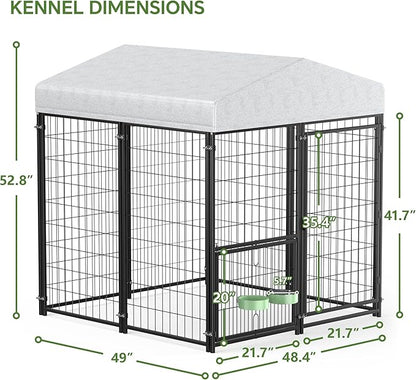 Mr IRONSTONE Outdoor Dog Kennel Heavy Duty Metal Dog Enclosure with Roof, Rotating Food & Water Feeder, Waterproof Covered Large Dog Run for Backyard, Secure Lock Design (4'L x 4'W x 4.4'H)