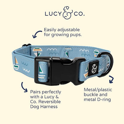 Lucy & Co. Set Sail Adjustable Dog Collar- Cute Designer Pet Collar for Small, Medium, Large Dogs- Buckle Closure Dog Accessories, Medium, Blue with Green & Yellow Sailboats