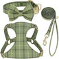 Beirui Cute Small Dog Harness Collar and Leash Set with Bowtie, Soft Adjustable Plaid Puppy Harness for Small Sized Dogs Cats Walks Parties and Photoshoots(Green,S:Chest 17-23")