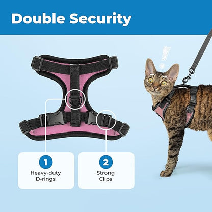 Voyager Escape-Proof Step-in Lock Cat Harness & 5ft Neoprene-Handle Leash Set All-Weather Mesh with Reflective Stitching for Small to Large Cats by Best Pet Supplies, Black Trim-Pink (327), XXXS