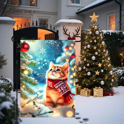 Christmas Garden Flag Winter Flag Cute Kitten Scarf Snow Scene Outdoor Yard Decor 12x18 Inch Double Sided Banner For Front Yard Porch Lawn Patio Seasonal Home Decoration Festive