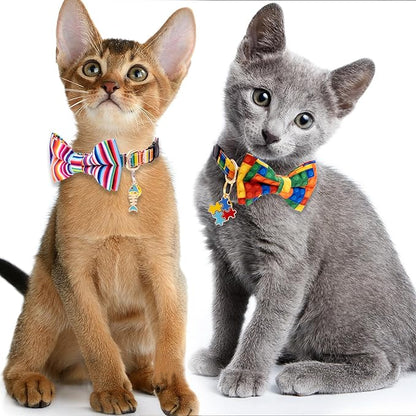 Faygarsle 2 Pack Breakaway Bowtie Cat Collar with Bell for Male Female Cats Fancy Yellow Blue with Toy Building Blocks Streaks Pattern Spring Summer Cat Collar for Boy Girl Cats